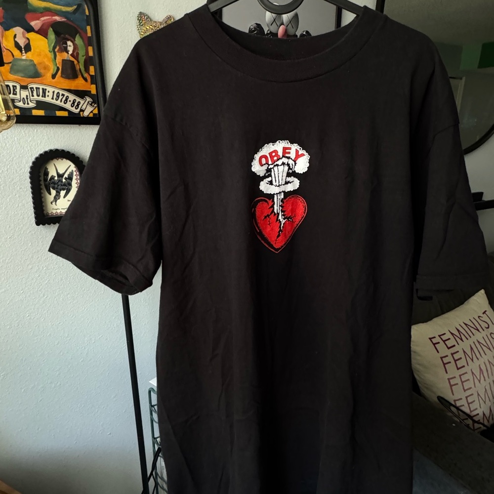 Black OBEY T-Shirt with Heart Graphic